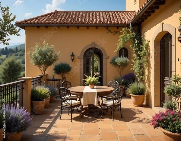 Fototapeta Mediterranean Terrace with Round Dining Table and Scenic View