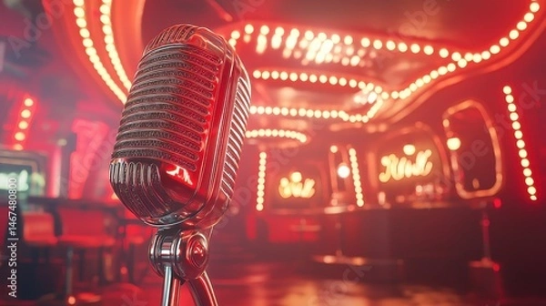 Obraz Vintage microphone glows dramatically on stage in a smoky lounge