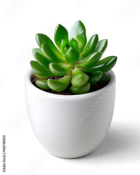 Fototapeta Lush Green Succulent in White Pot, Isolated on White