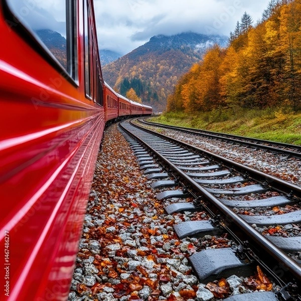 Obraz Autumn Foliage and Red Train Car on Tracks