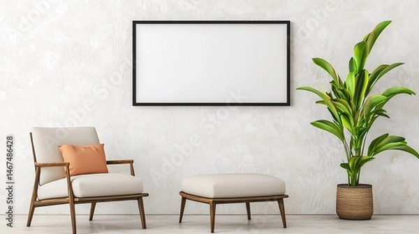 Obraz Beige Minimalist Living Room Mockup With Empty Frame and Plant