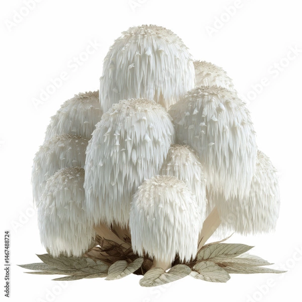 Fototapeta Lion's Mane Mushroom Cluster - Detailed Macro Shot of Hericium Erinaceus