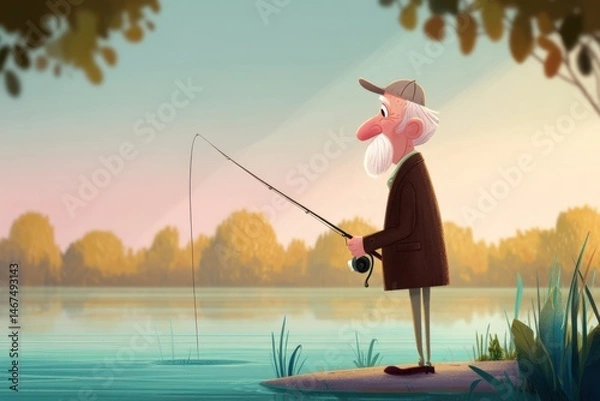 Fototapeta Elderly man enjoys peaceful fishing at serene lake in soft light during quiet afternoon