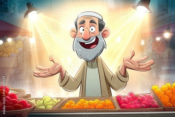 Obraz Cheerful elderly man sells fresh fruit in vibrant market under bright lights
