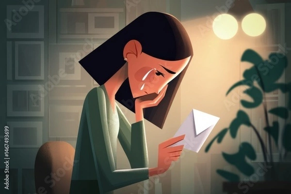 Obraz Emotional farewell is expressed by a crying woman in soft indoor lighting holding a letter