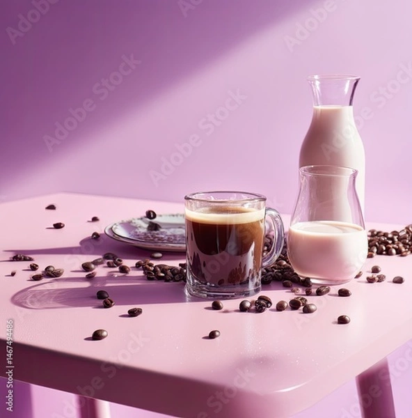 Fototapeta Coffee and milk drinks on pink table modern still life photography cozy indoor environment