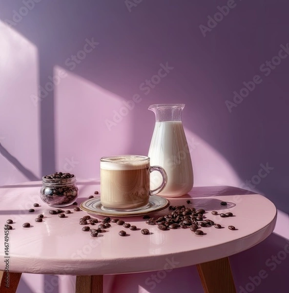 Fototapeta Coffee and milk arrangement on pink table cozy indoor setting still life photography aesthetic viewpoint