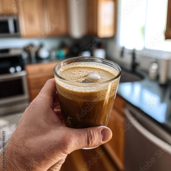 Fototapeta Enjoying freshly brewed coffee kitchen counter drink photography cozy home environment close-up view daily ritual