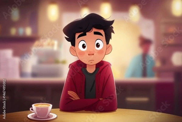Obraz Nervous Asian teenager sits in a cafe during a first date with soft lighting