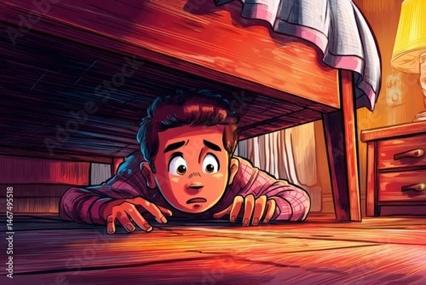 Obraz Scared young boy hides under bed in dimly lit room showcasing his fear and vulnerability