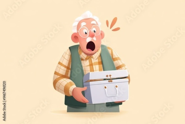 Obraz Surprised elderly man discovers an old memory box in a soft illustration style