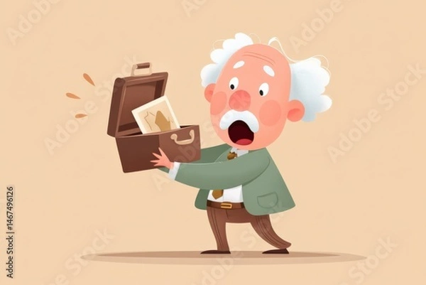 Obraz Surprised elderly man finds old memory box with photographs on solid beige background