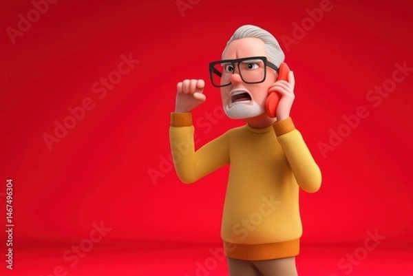 Fototapeta Middle aged man argues passionately on the phone against a vivid red backdrop