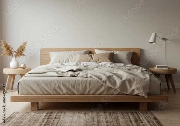 Obraz Serene Bedroom Setting with Neutral Tones and Minimalist Design Elements