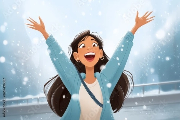 Obraz Young Latina woman joyfully experiences snow for the first time in a whimsical cartoon setting