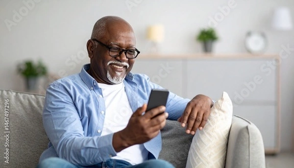 Obraz Elderly Man using a Smartphone - Elders using Technology - Adapting to Advanced Society - Old Man texting, chatting, calling, surfing - Senior using a mobile phone or cellphone at Home