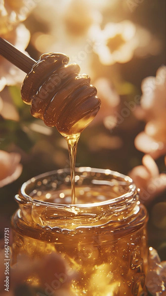 Obraz  Golden honey drips from a dipper into a jar, glowing in warm sunlight.