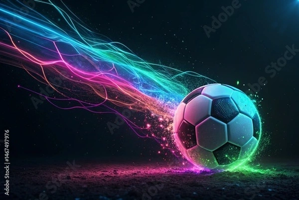 Obraz Dynamic soccer ball in vibrant neon light - generated by ai