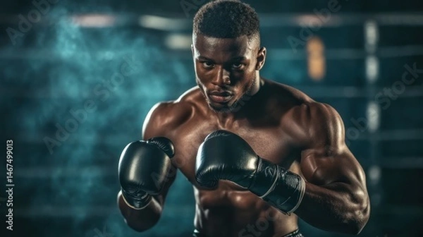 Obraz Intense boxer preparing for a fight in a dimly lit gym