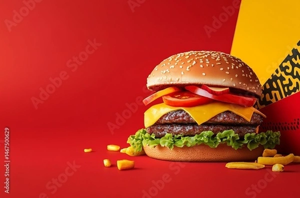 Fototapeta American Burger Day Banner Template Design With Special Offer And Burger Photo, , Red Background Color, Yellow Black White Gray Palette, Hyper Realistic.Jpeg