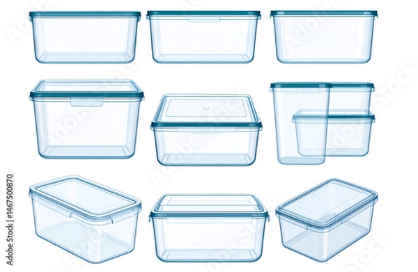 Fototapeta Vector set of transparent plastic food containers isolated on a white background.