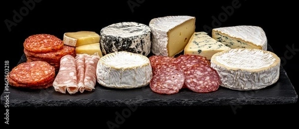 Fototapeta On a dark slate background with a border and space for copy, a selection of assorted cheese and meat appetizers is presented
