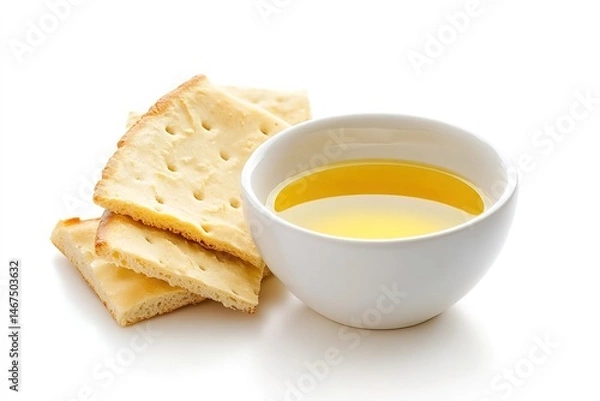 Fototapeta A small bowl of hummus with a drizzle of olive oil and a few slices of pita bread, isolated on a white surface