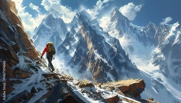 Fototapeta Fearless climber reaching for the sky, epic journey through majestic snow-covered mountains