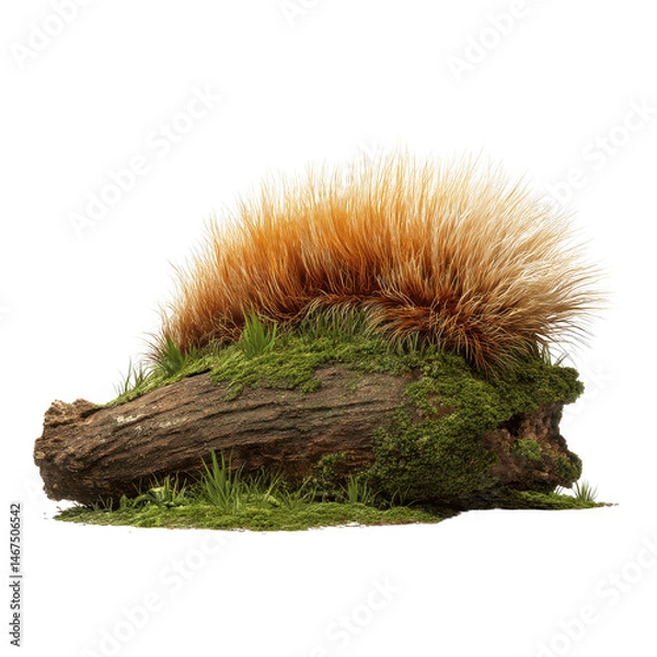 Fototapeta Rustic Log with Moss, Grass, and Autumnal Ornamental Grass