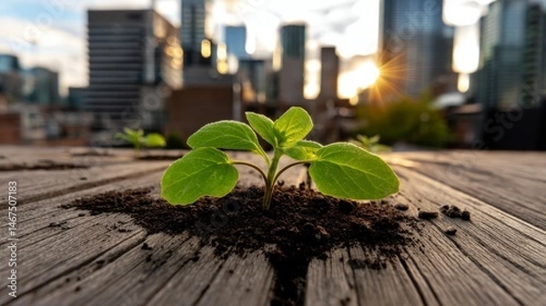 Fototapeta Rewilding nature concept. A small green plant grows from soil on a wooden surface with city skyscrapers and a sunrise in the background.