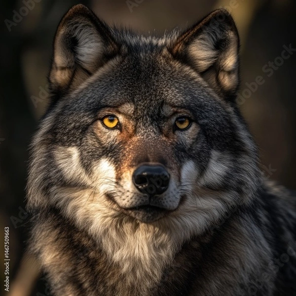 Fototapeta A highly detailed closeup of a Gray Wolf its thick fur and piercing golden eyes reflecting the wild spirit of the forest 