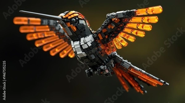 Fototapeta Detailed model of a hummingbird in flight, constructed from modular components.
