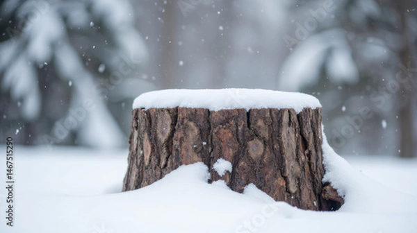 Fototapeta snow covered tree stump in winter landscape, surrounded by falling snowflakes, evokes serene and tranquil atmosphere