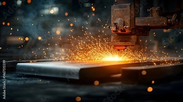 Fototapeta A nighttime view of a metalworking plant where a glowing red steel sheet is rolling through powerful industrial equipment with sparks and heat radiating from the workshop