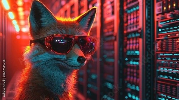 Fototapeta Stylish fox in sunglasses,  posing amidst glowing server racks.