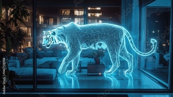 Fototapeta Digital representation of a tiger within a modern living space.