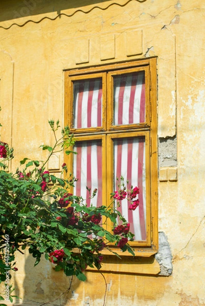 Obraz Romantic window of an old European house with red roses and vintage striped sunshade