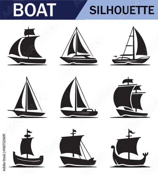 Fototapeta Various black  sailboat silhouettes set on a white background, featuring different sailing positions and boat styles.