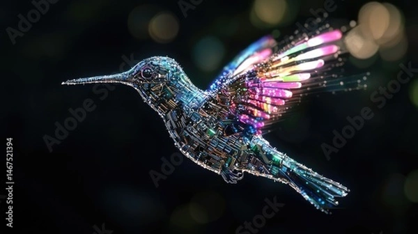 Fototapeta A digital hummingbird in flight, illuminated with vibrant colors.