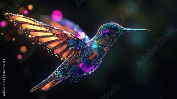 Fototapeta A vibrant digital hummingbird with technological components.