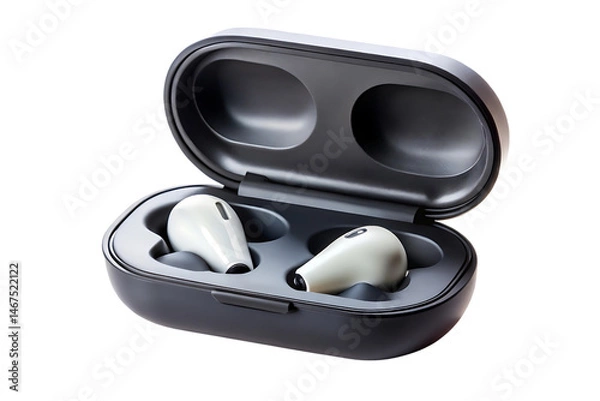 Fototapeta A pair of earbuds in a charging case opened, isolated on a transparent background.