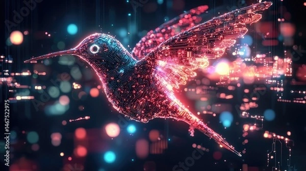 Fototapeta Digital hummingbird in flight,  glowing with vibrant colors.