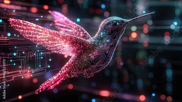 Fototapeta Digitally rendered hummingbird with circuit design.