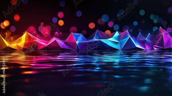 Fototapeta Colorful abstract polygonal shapes reflecting on dark water.