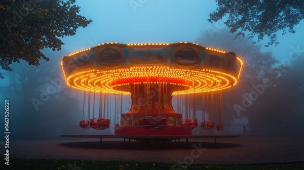 Fototapeta Misty evening view of a lit carousel in a park.