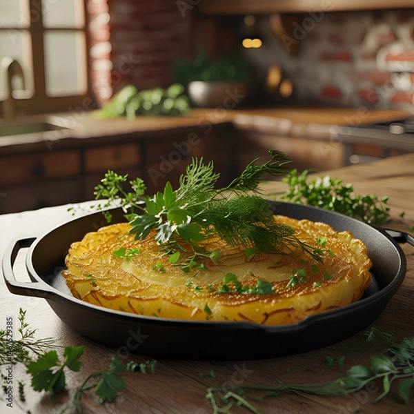 Fototapeta Top view of a crispy goldenbrown homemade  simple yet flavorful dish
