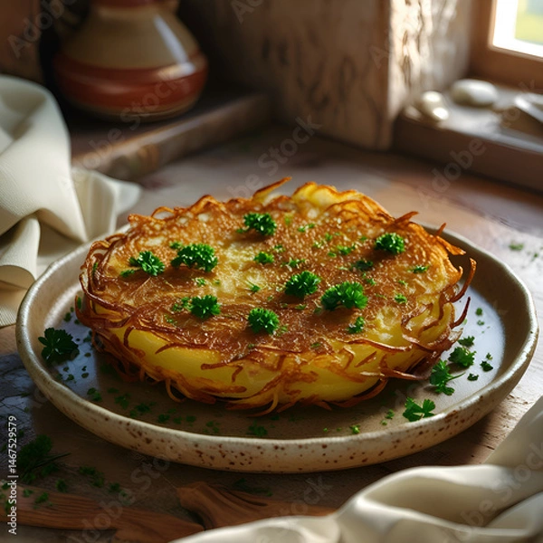 Fototapeta Top view of a crispy goldenbrown homemade  simple yet flavorful dish