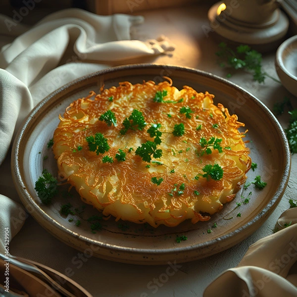 Fototapeta Top view of a crispy goldenbrown homemade  simple yet flavorful dish