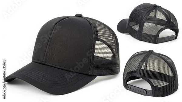 Obraz Black trucker hat mockup from different perspectives,