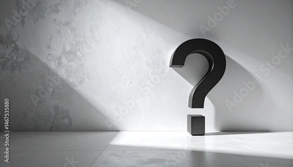 Fototapeta Question mark confusion visual concept. A question mark sculpture in a minimalist, light-filled room.